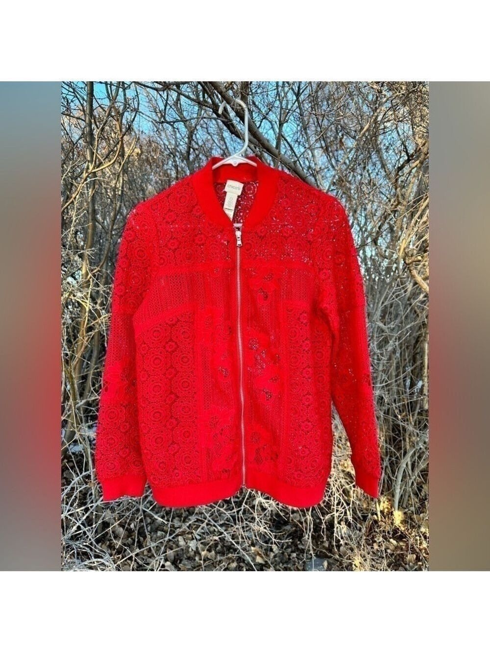 Chico’s Red Sheer Fancy Crochet Lace Blazer, Womens 4 - Chicos Size 0 BEAUTIFUL! - Picture 5 of 16